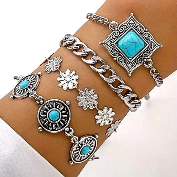 Bracelets Turquoise 4 pc Layered Boho Hippie Native Southwest Lucky Blue Silver - Picture 1 of 5